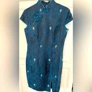 Elegant Handmade 100% silk Navy feather embroidery Qipal Dress 6